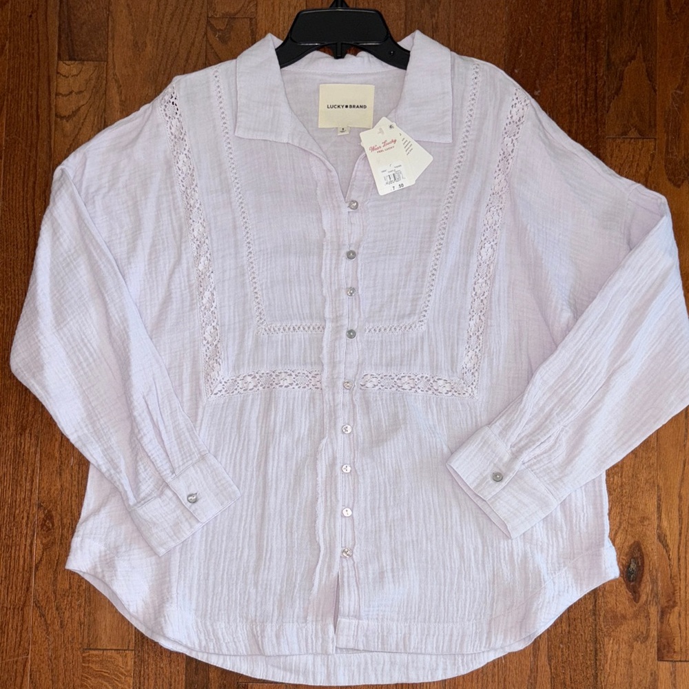 Lucky Brand Lavender Lace Inset Cotton Gauze Button Up Shirt Thistle Small NWT - Picture 6 of 9